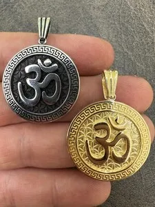 Authentic Real 925 Silver / 14k Gold Plated Ohn Hindu Om Big 1" Medallion Pendant Necklace