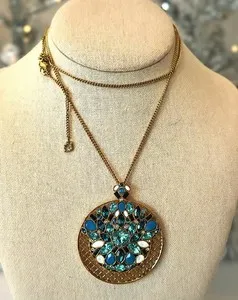 Authentic Swarovski Kolye Necklace Medallion Gold Plated Blue Indicolite 30 - 32" N75