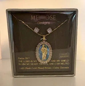 Authentic Me Rose Designs Religious Oval Medal Pendant Necklace Gold Plated CZ 16-18"
