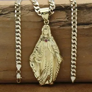 Authentic 18k Gold Plated Virgin Mary Religious Pendant Cubic Zirconia 24" Cuban Chain L