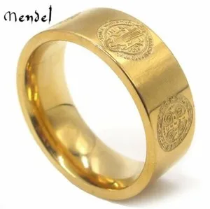 Authentic MENDEL Mens Gold Plated Catholic Religious St Saint Benedict Ring Band Size 7-15
