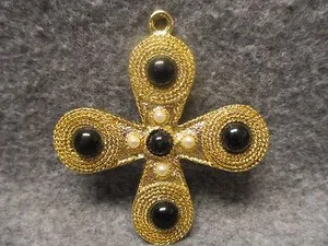 Authentic Religious Gold Plated Consecration Cross Pendant Bead & Faux Pearl Accents 3"