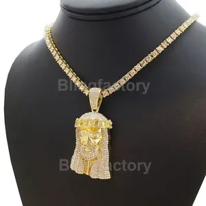 Authentic Gold Plated Jesus Iced Religious Pendant & 1 Row CZ Tennis Chain Bling Necklace
