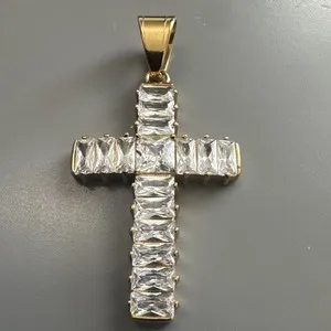 Authentic Cross Pendant Cubic Zirconia 24” Chain Gold Plated Religious Faith Gift Unisex