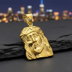 Authentic 14K SOLID GOLD FINISH GOLD PLATED JESUS HEAD RELIGIOUS CHARM PENDANT