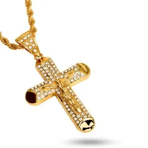 Authentic 18K Gold Plated Cross Pendant Necklace 30" Chain Religious Hip Hop Men's
