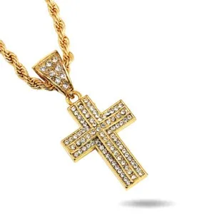 Authentic 18K Gold Plated Cross Pendant Necklace 30" Chain Religious Hip Hop Men's