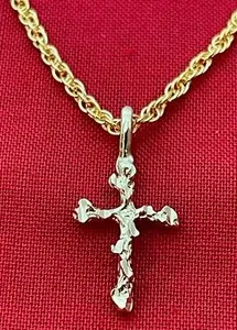 Authentic 14 KT GOLD PLATED NUGGET CROSS RELIGIOUS CHARM & 20" ROPE CHAIN SET-2632