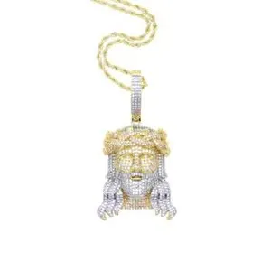 Authentic 5AAA+ CZ Ice Hop Hip Religious Jesus Head Pendant Necklace Gold Plated