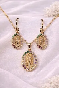 Authentic 18K Gold Plated Virgin Mary Necklace & Earrings Set Multi Color CZ Religious