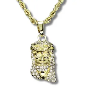 Authentic Small Jesus Piece Cz Religious Pendant 14k Gold Plated Rope Religious Necklace