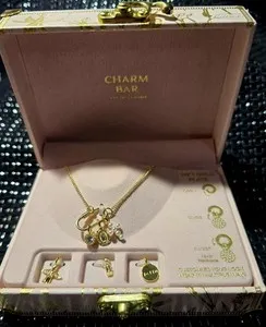 Authentic Charm Bar 14kt Gold Plated Customize Religious Necklace 6 Charms & Trunk Box