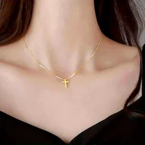 Authentic 14K Gold Plated Cross Necklace for Women, Religious Crucifix Pendant, Small