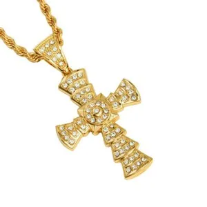 Authentic 18K Gold Plated Cross Pendant Necklace 30" Chain Religious Hip Hop Men's