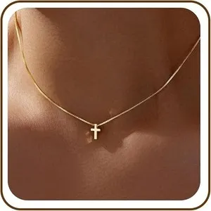 Authentic Cross Necklace Women 14K Gold Plated Small Waterproof Religious Faith Jewelry