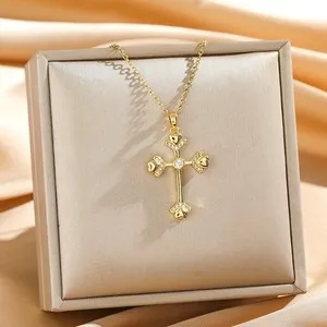 Authentic Gold Plated Cross Pendant Necklace Cable Chain Religious Charm