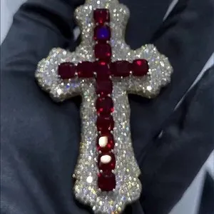 Authentic 3Ct Cushion Cut Lab Created Ruby Cross Religious Pendant 14K White Gold Plated