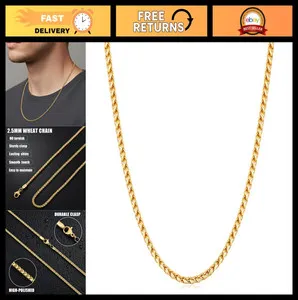 Authentic 14K Gold Plated Wheat Chain Necklace, Stainless Steel 16-28 Inch, 2-5mm Unisex