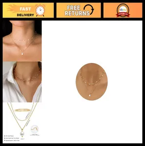 Authentic Elegant Gold Pearl Necklace - 14K Gold Plated Layered Herringbone Chain, Trendy