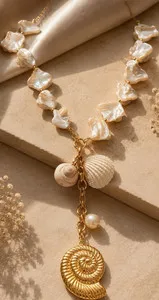 Authentic Gold Plated Pearl Bead Necklace Shell Charm Dangles Spiral Pendant Beach