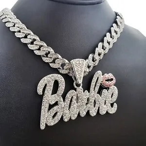 Authentic Women Gold Plated Large Barbie Charm & Iced Cubic Zirconia Cuban Chain Necklace