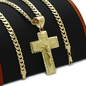 Authentic Men's 18k Gold Plated JESUS CROSS (L)  Hip-Hop Pendant 6mm Cuban Chain Necklace