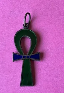 Authentic EGYPTIAN GOLD PLATED ANKH NECKLACE (key Of Life) Enamel Green/blue Vintage