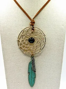 Authentic Gold Plated Dream Catcher Pendant Metal Feather Charms Brown Suede Cord Necklace