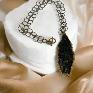 Authentic Boho Black Stone Gold Plated Artisan Feather/Arrowhead Necklace