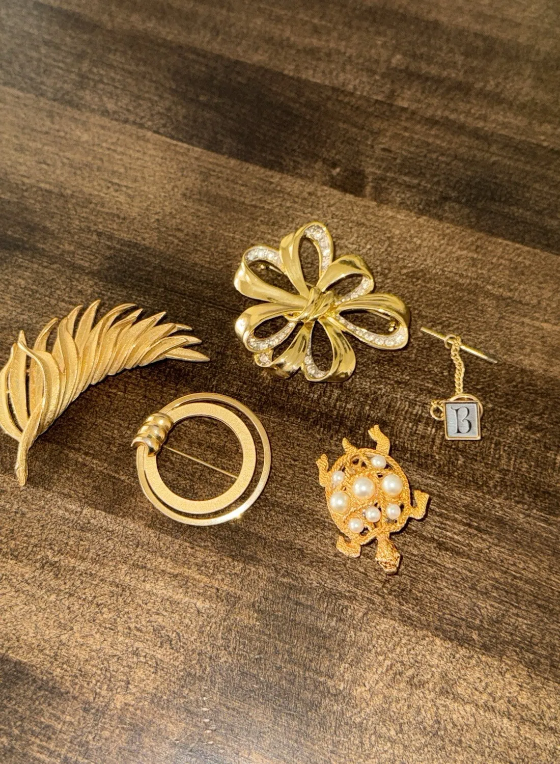 Authentic Five Golden Turtle‑Feather Letter B Brooches – Radiant Amulets of Love & Protection