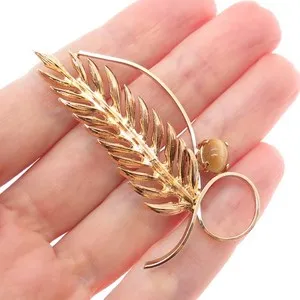 Authentic WELLS 925 Sterling Silver Gold Plated Vintage Real Tiger Eye Feather Pin Brooch