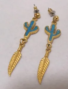 Authentic EGC PEWTER ’91 Gold-Plated CACTUS & FEATHER Turquoise Dangle Earrings