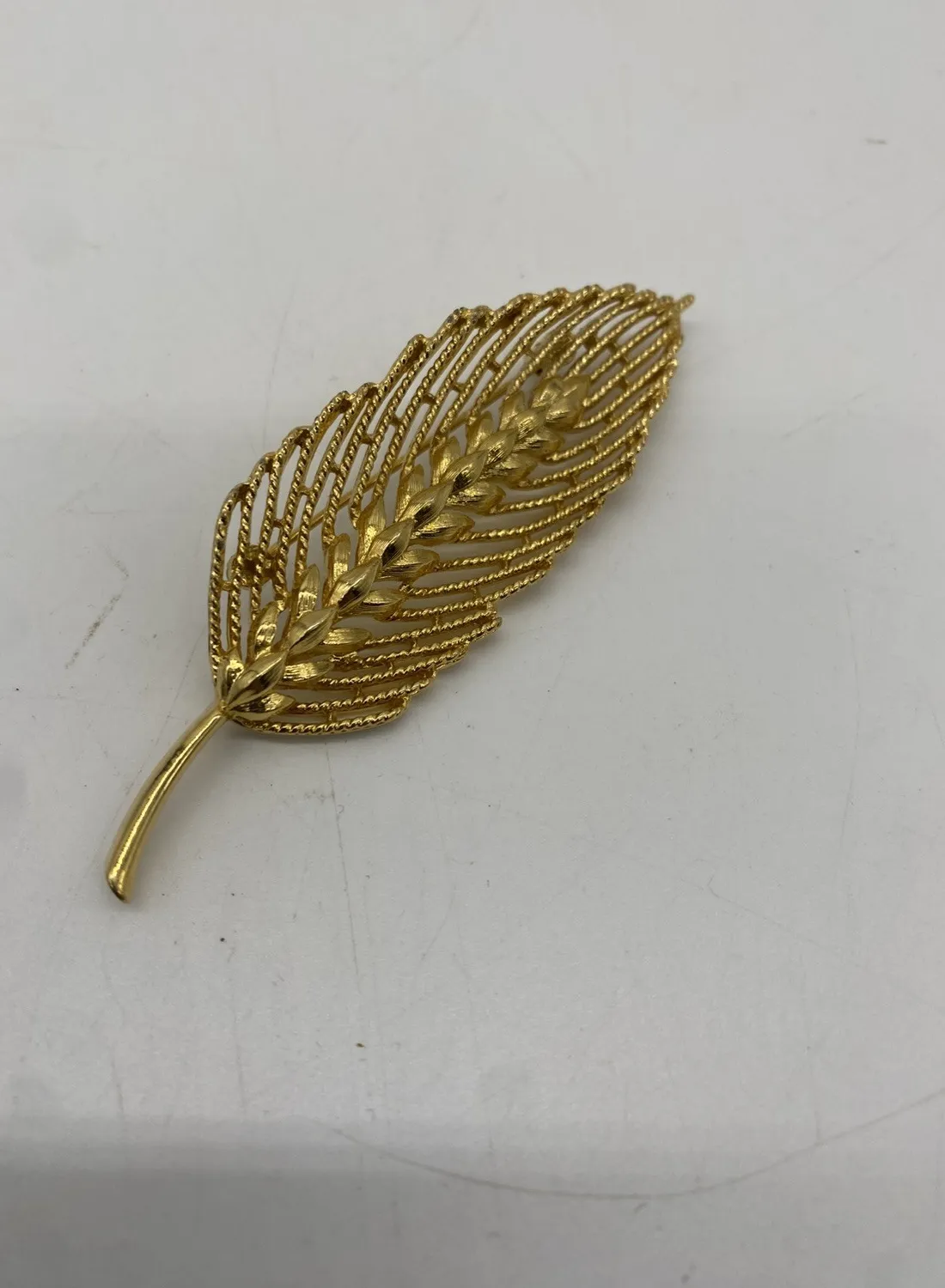 Authentic Enchanted Crown Trifari Brooch – Leaf, Feather & Wheat Stalk Gold‑Plated Talisman of Abundance
