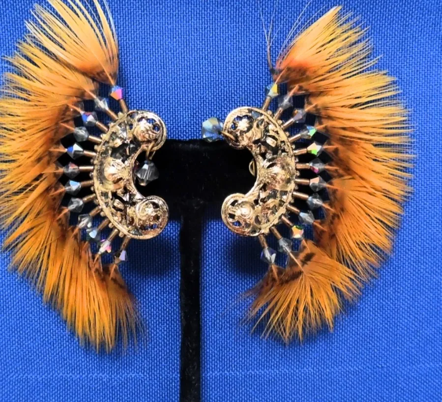 Authentic Vtg Mike Ashlock Golden Pheasant Yellow Feather 23K Gold Plated Clip Earrings