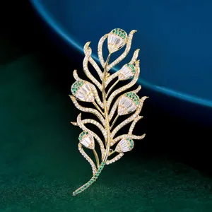 Authentic Elegant Gold Plated Green Clear Cubic Zirconia Feather Brooch Pin