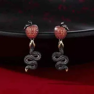 Authentic 1.30Ct Black Moissanite Snake Apple Drop Dangle Earrings 14K Yellow Gold Plated