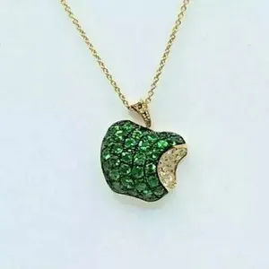 Authentic 1.30Ct Round Lab Created Green Emerald Apple Pendant 14K Yellow Gold Plated