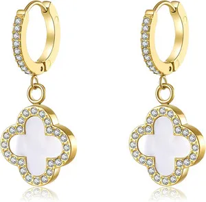 Authentic Clover Earrings for Women 18K Gold Plated Four Leaf Clover Hoop Earrings Simple