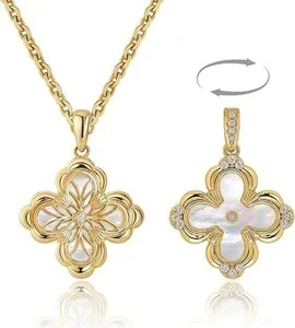 Authentic Pendant Necklace with Cubic Zirconia - 14K Gold Plated Four-Leaf Clover Design