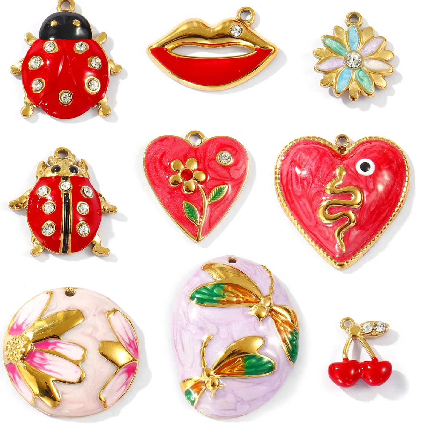 Authentic 2pcs New Stainless Steel Charms Ladybug Animal Heart Flower Rhinestone Multicolor Enamel Pendants DIY Necklace Earring Jewelry