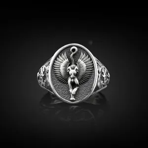 Authentic 925 Sterling Silver Bastet Ancient Goddess Egyptian Mythology Mens Signet Ring
