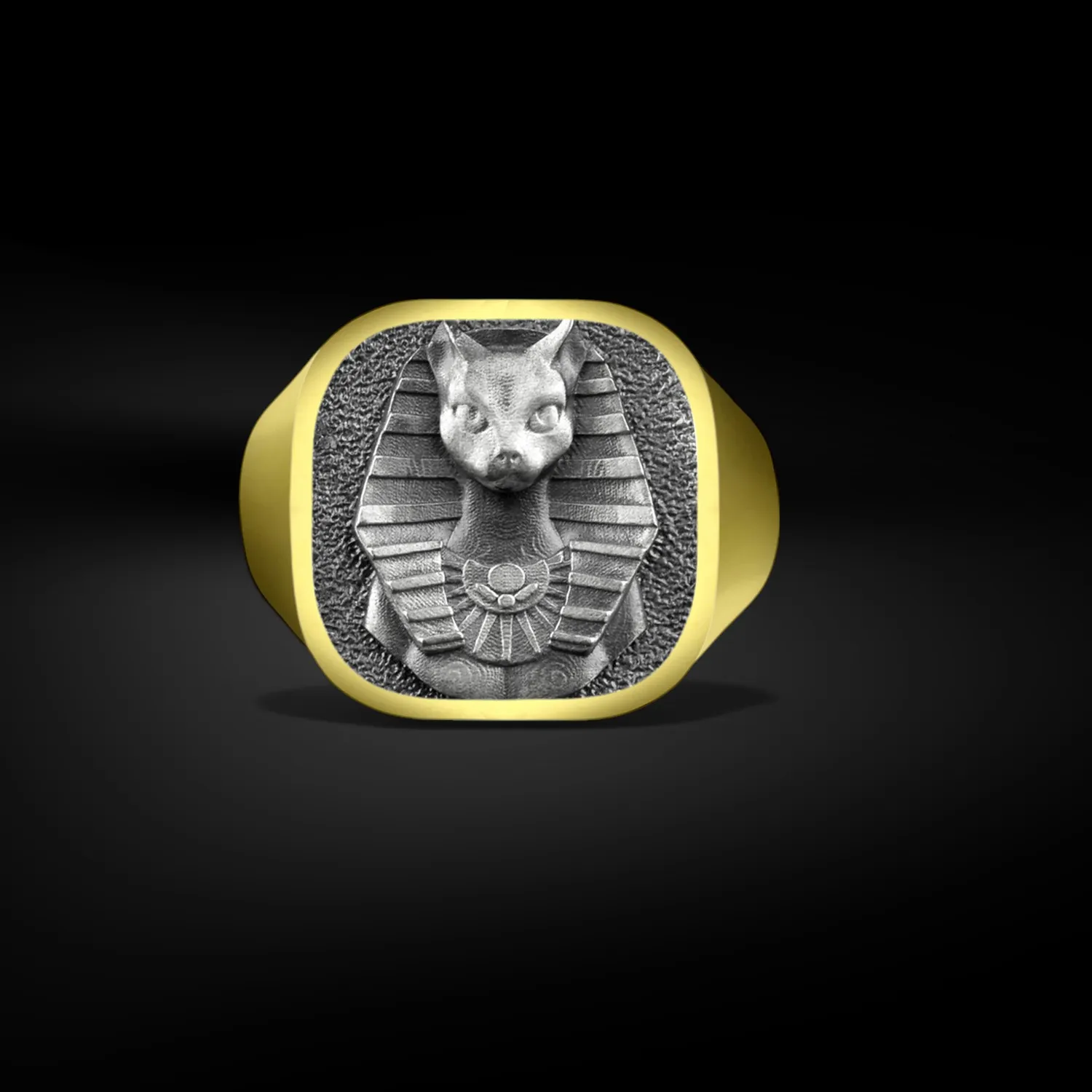 Authentic 925 Sterling Silver Bastet Ancient Egyptian Mythology Goddess Mens Signet Ring
