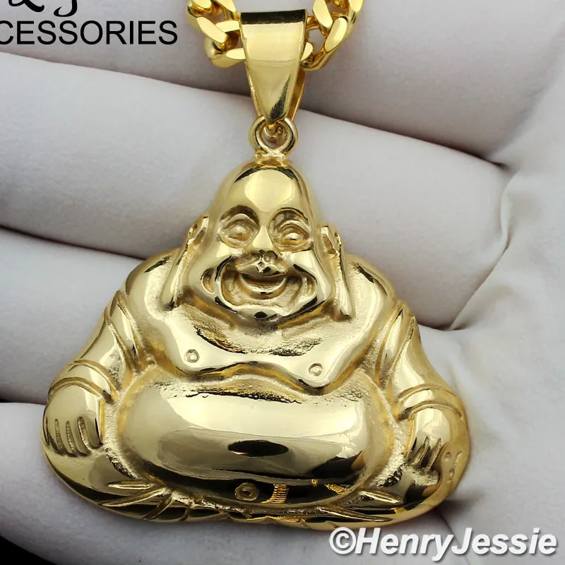Authentic 18-36"MEN Stainless Steel 5mm Gold Plated Cuban Curb Chain BUDDHA Pendant*GP95
