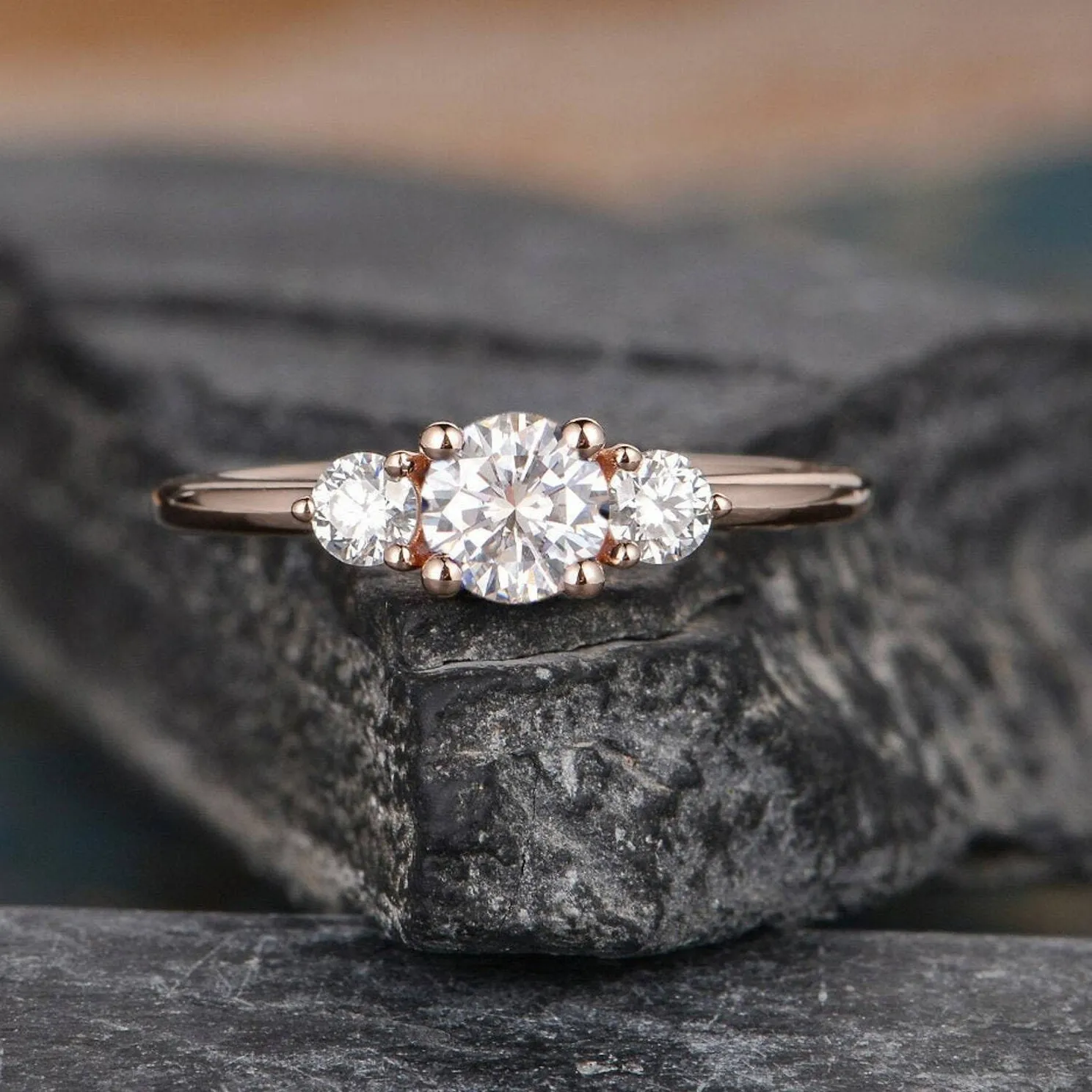 Authentic 0.50CT Round Moissanite 3 Stone Solitaire Engagement Ring 14K Rose Gold Plated