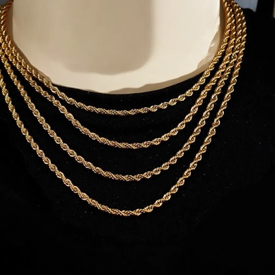 Authentic Set of 2 Gold Chain 3mm Rope Twisted Cable Curb Chain Necklace 18K Gold Plated