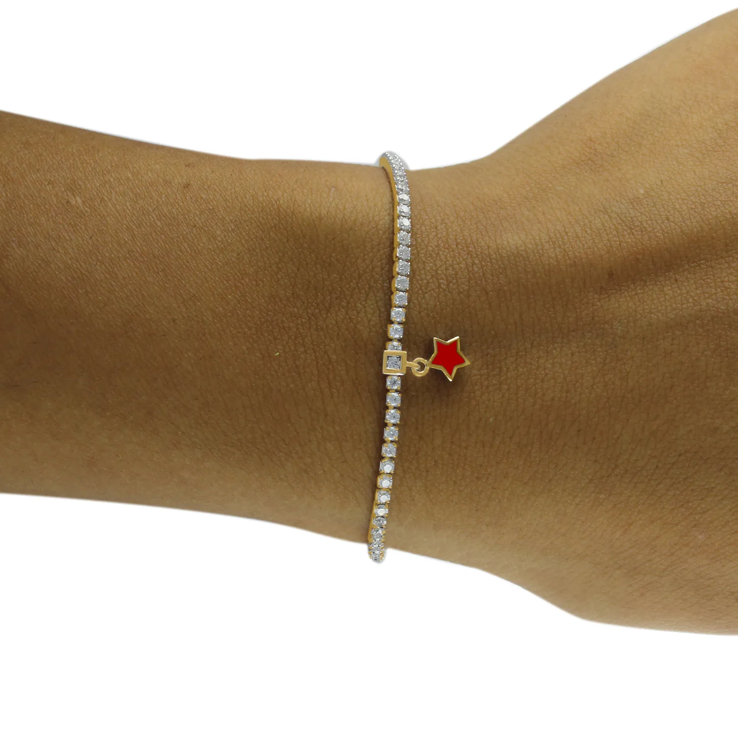 Authentic 14K Yellow Gold Plated Sterlg Silver CZ and Red Star Charm Tennis Bracelet 6.5"