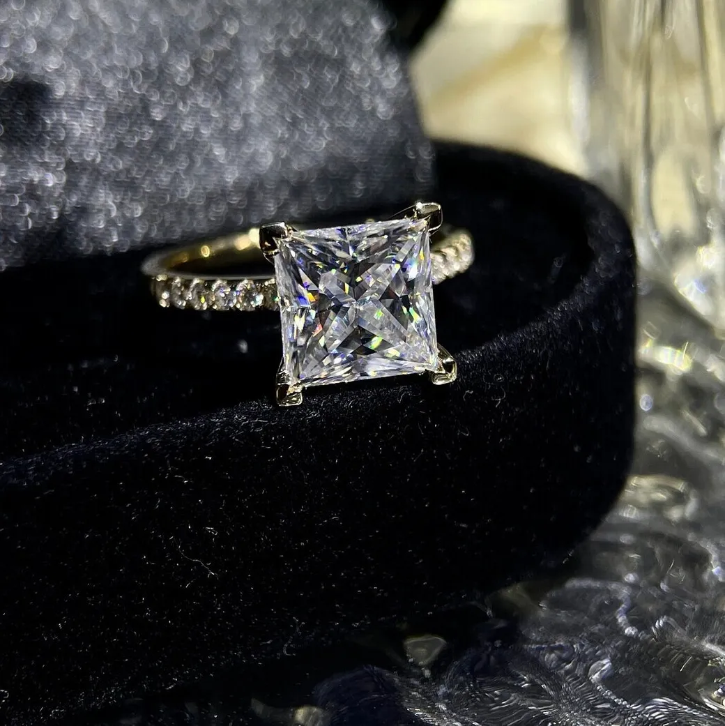 Authentic 3 Ct Princess Moissanite Engagement Ring 14K Yellow Gold Plated Accented Ring