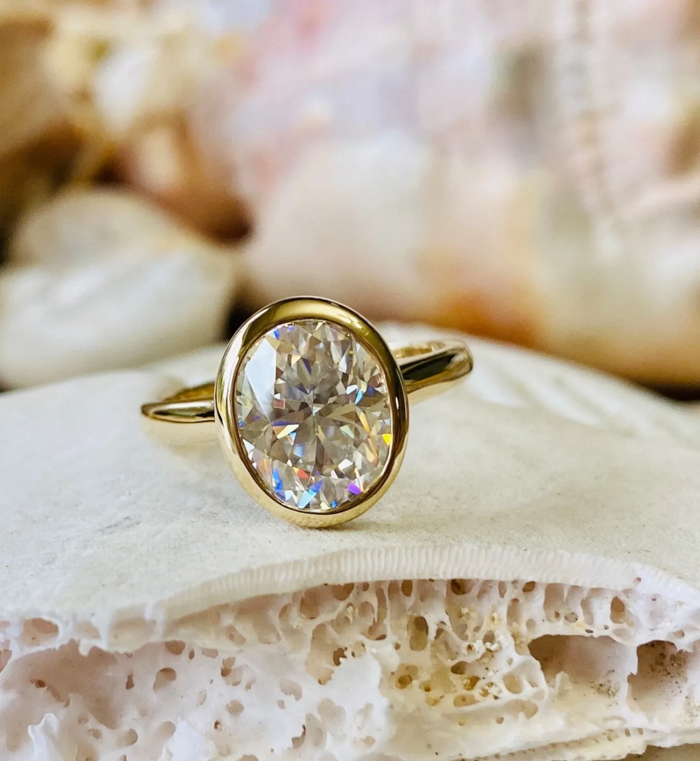 Authentic Bezel Solitaire Ring 14K Yellow Gold Plated 3Ct Oval Moissanite Engagement Ring