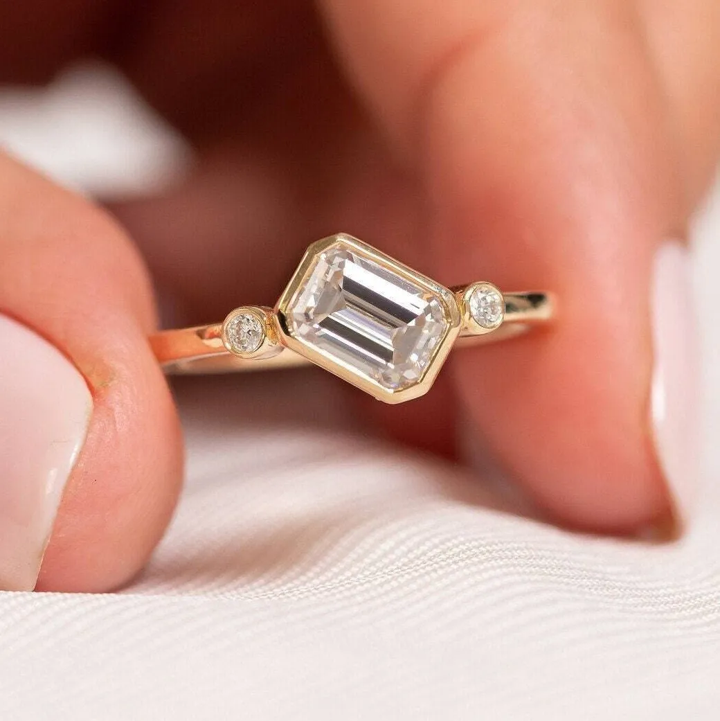 Authentic Art Deco 3 Stone 5*7MM Emerald Moissanite 14K Yellow Gold Plated Engagement Ring