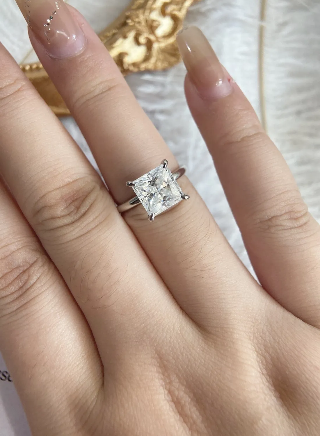 Authentic 14k white gold plated 3ct princess Moissanite solitaire wedding engagement ring